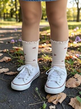 Cute Cherry Pattern Kids Socks - soft cream